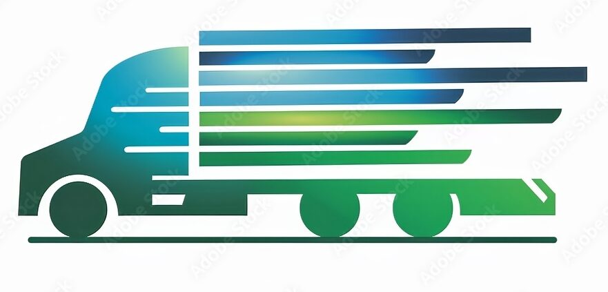 logistic truck fast delivery logo icon illustration design in blue green colors, logo for delivery company; truck and speed lines; marketplace logo